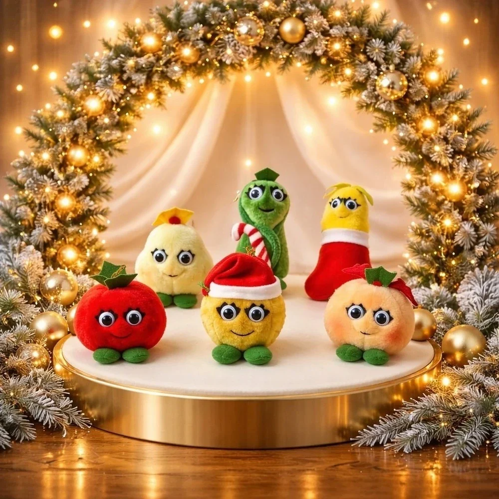 Vintage 1991 Del Monte Country Yumkins Christmas Googly Eyed Plush Ornament Set
